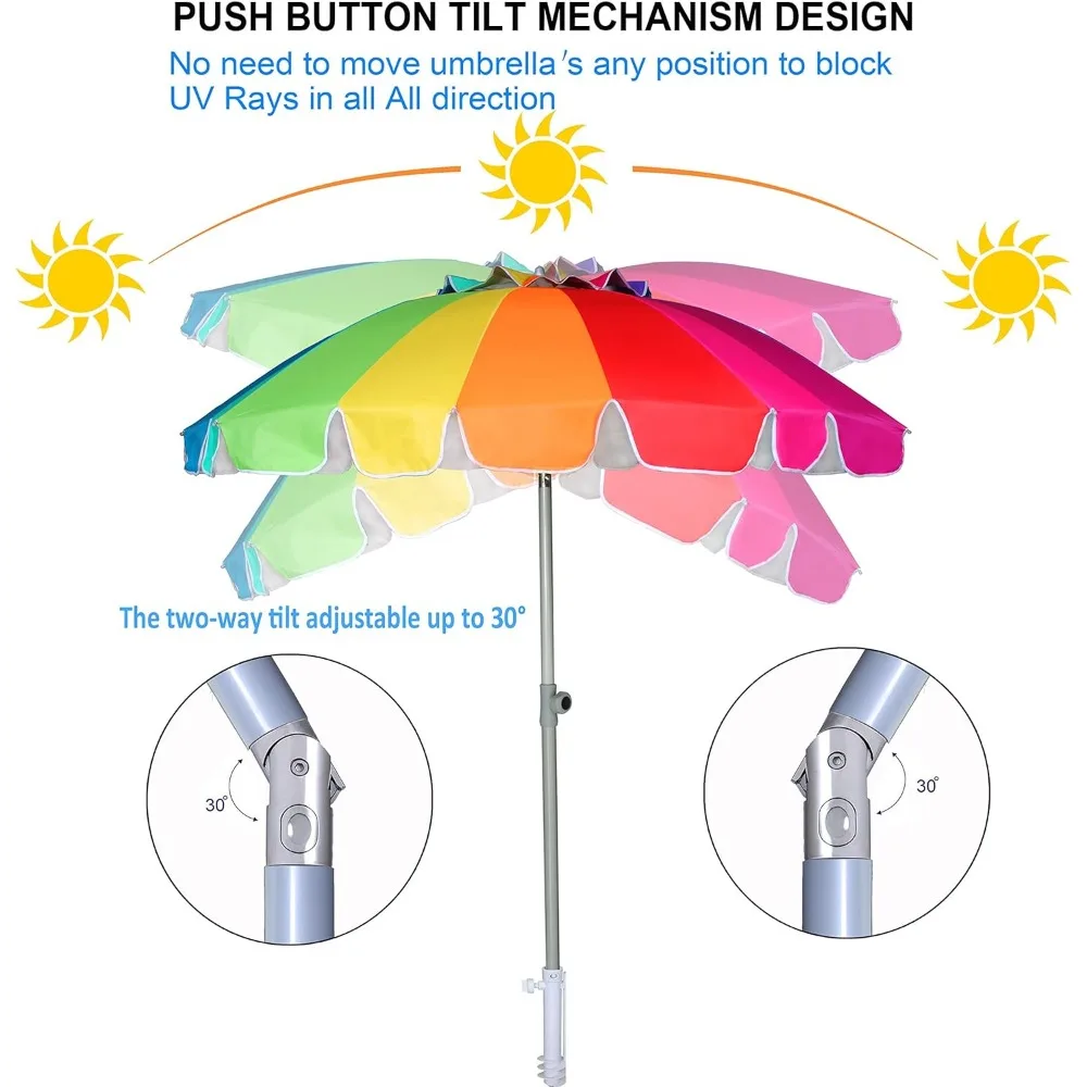 Parapluie de plage High Wind avec ancre à sable et abri solaire inclinable, protection UV 50 +, parapluies d'extérieur, pare-soleil rapide de 7,5 pieds