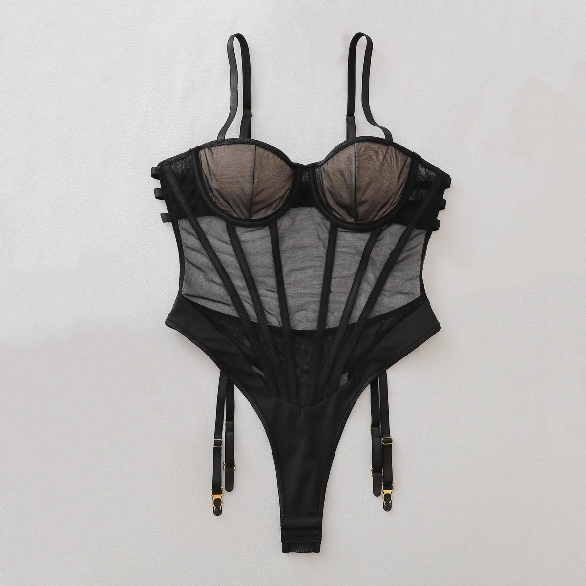 Hot Girl Perspective Mesh Design Adjusted Slimming Jumpsuit Summer Women Sexy Ultra-Thin Bodysuit with Fishbone Corset Underwear
