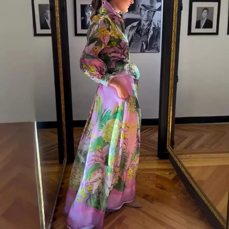 

Summer 2 Piece Set Floral Print Dress Lantern Sleeve Tie Waist Dresses Button Front Maxi Dress Self Tie Belt Long Dress Floor