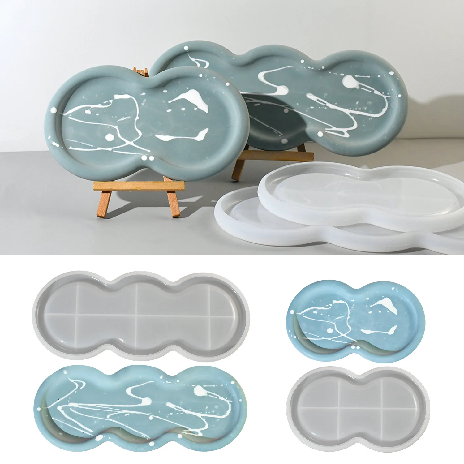 Moldes de resina cristalina, bandejas redondas de armazenamento com múltiplos compartimentos e bordas elevadas, moldes de resina e silicone, para decoração de casa e armazenamento.
