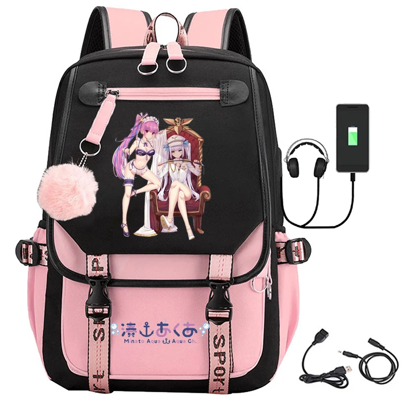 

zipper travel usb rechargeable backpack student cartoon nylon print minato aqua school bag