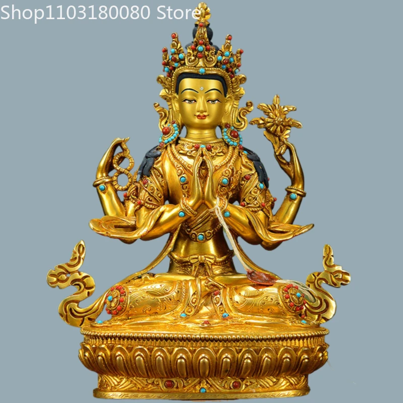 22cm Nepal Shakya Copper gilding inlay Four-armed Guanyin buddha statue Tibet Kwan-yin goddess statue