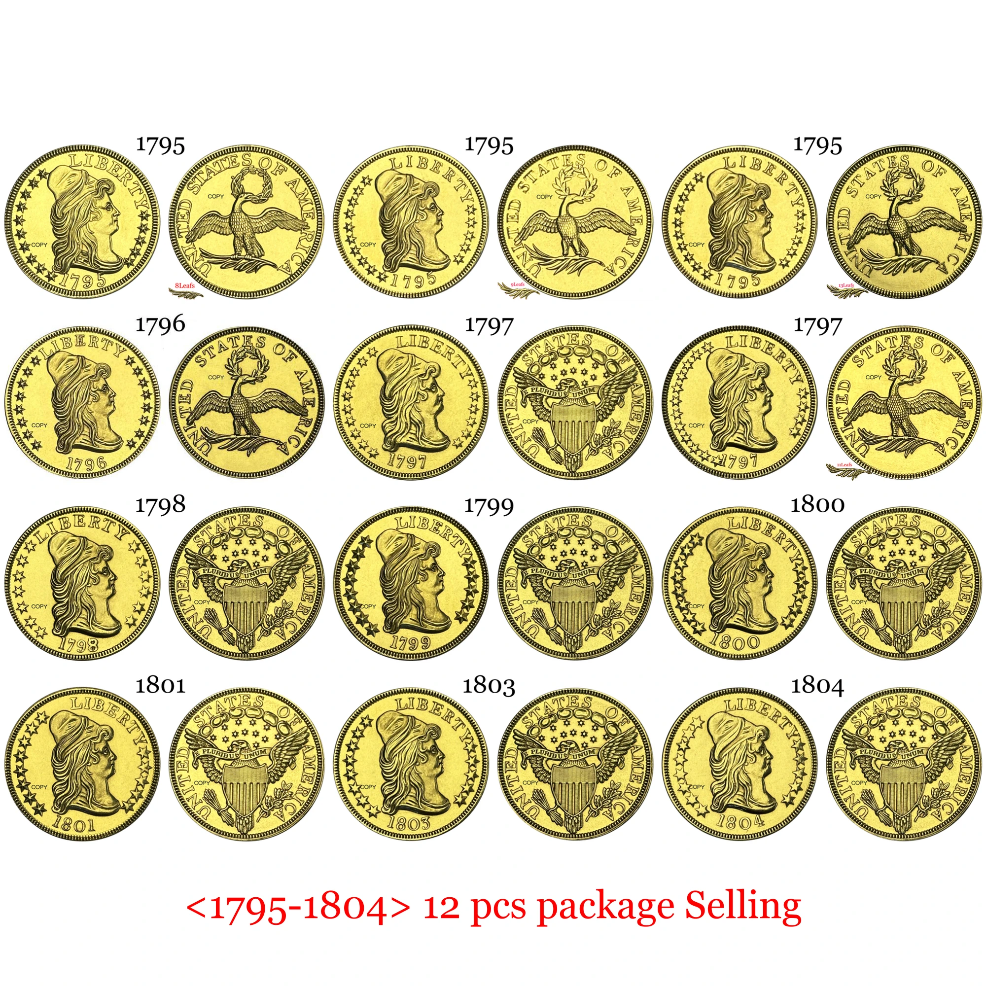 US 1795 -1804 12 Uds. 10 Diez dólares libertad busto con tapa águila oro latón copia moneda conmemorativa monedas coleccionables de Estados Unidos