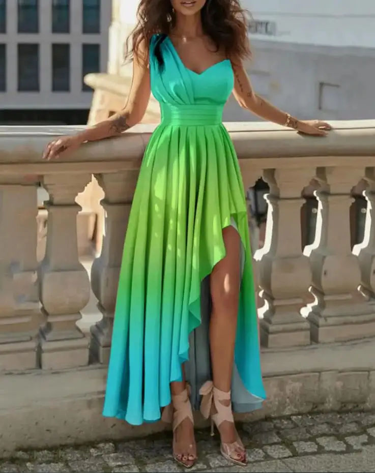 

Women's Elegant Flowy Maxi Dress Fitted Ruched Waist and Asymmetric Hem Print One Shoulder High Slit Dress
