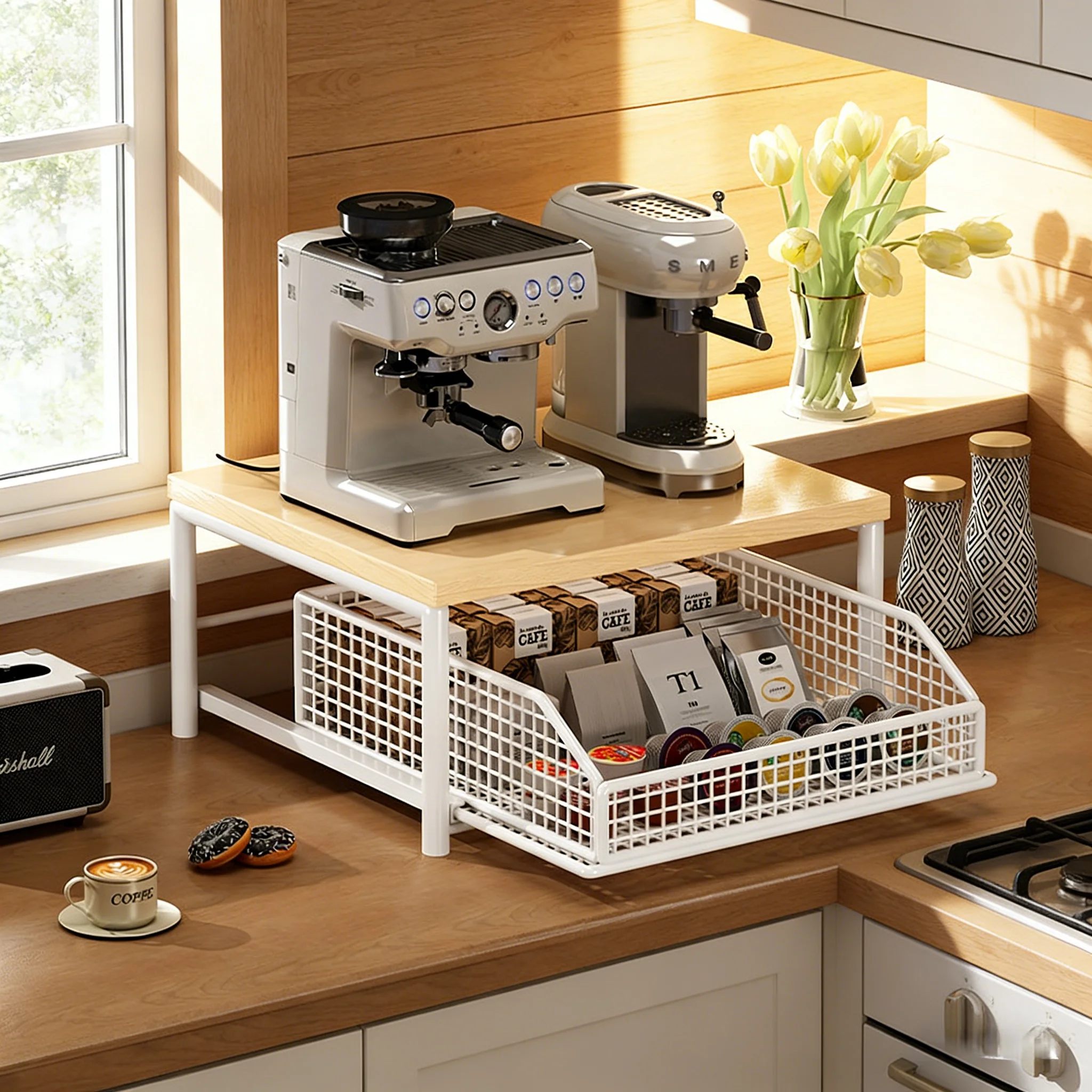 Unter Sideboard, Bartheke, Tischplatte, Kaffeemaschine, Regal, Teebeutel, Brot, Snacks, Desserts, Kaffeekapseln, Wasserbecher, Küchenregal