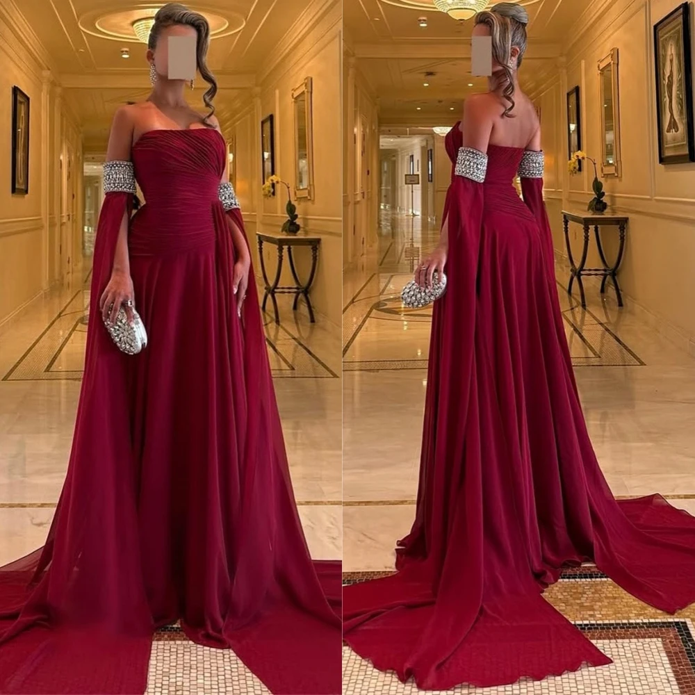

Customized Classic Chiffon Crystal Evening Dress Classic Strapless Prom Dresses Fashion Watteau Train Special Occasion Gowns