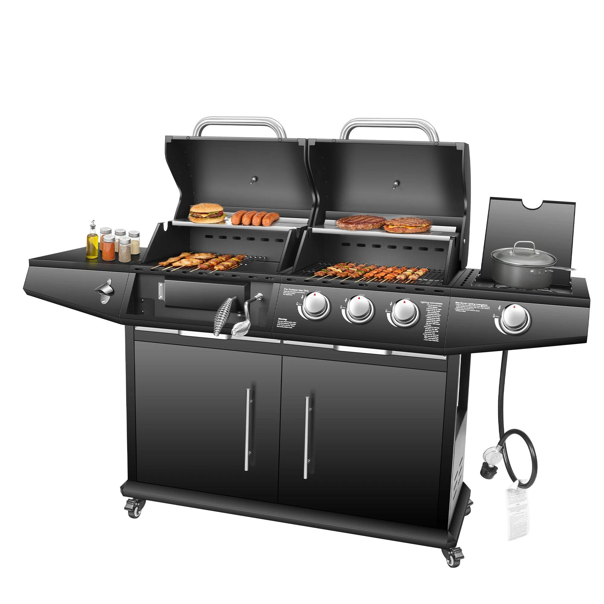 Dual Fuel Grill Gas & Charcoal Grill with Side Burner,3+1 Burners 40,000 BTU Total, 713.5 Sq In Cooking Area
