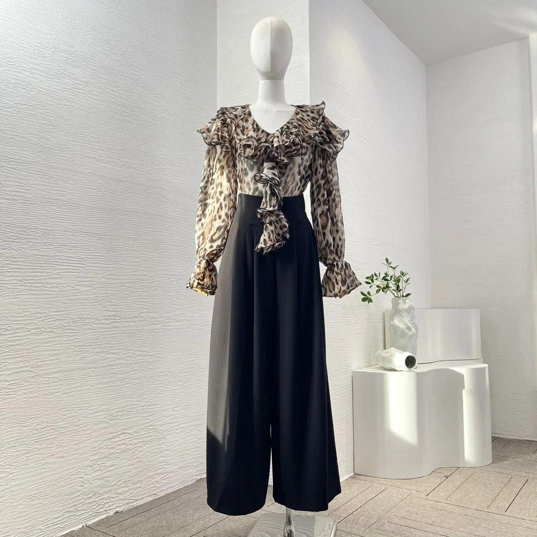 

Coffee Color Ruffles Leopard Print Long Sleeve V Neck Blouse Tops and Black Wide Leg Pants Set for Women