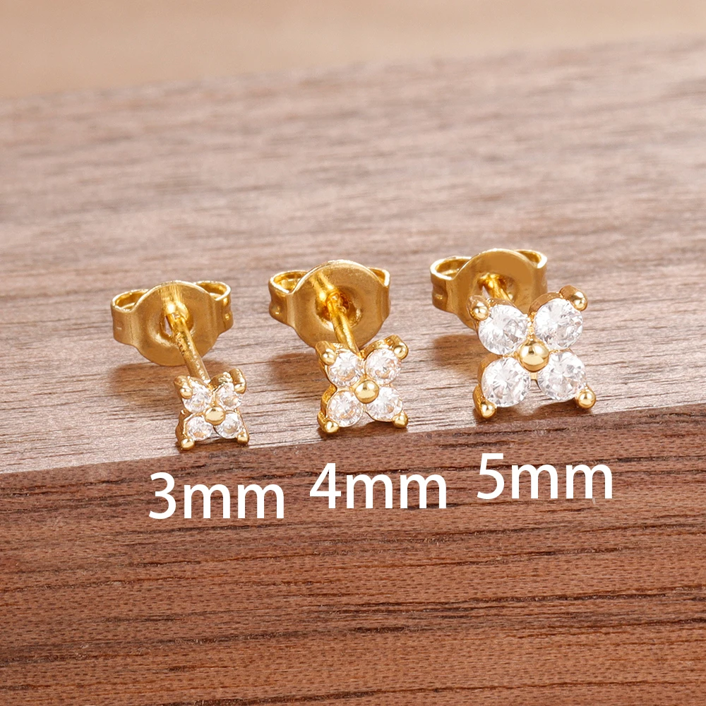 Französisches Design, 3-teiliges Set mit vierblättrigen Kleeblatt-Ohrsteckern für Damen, niedliche Zirkon-Ohrringe, 3/4/5 mm, goldfarben, romantischer Schmuck, Geschenke