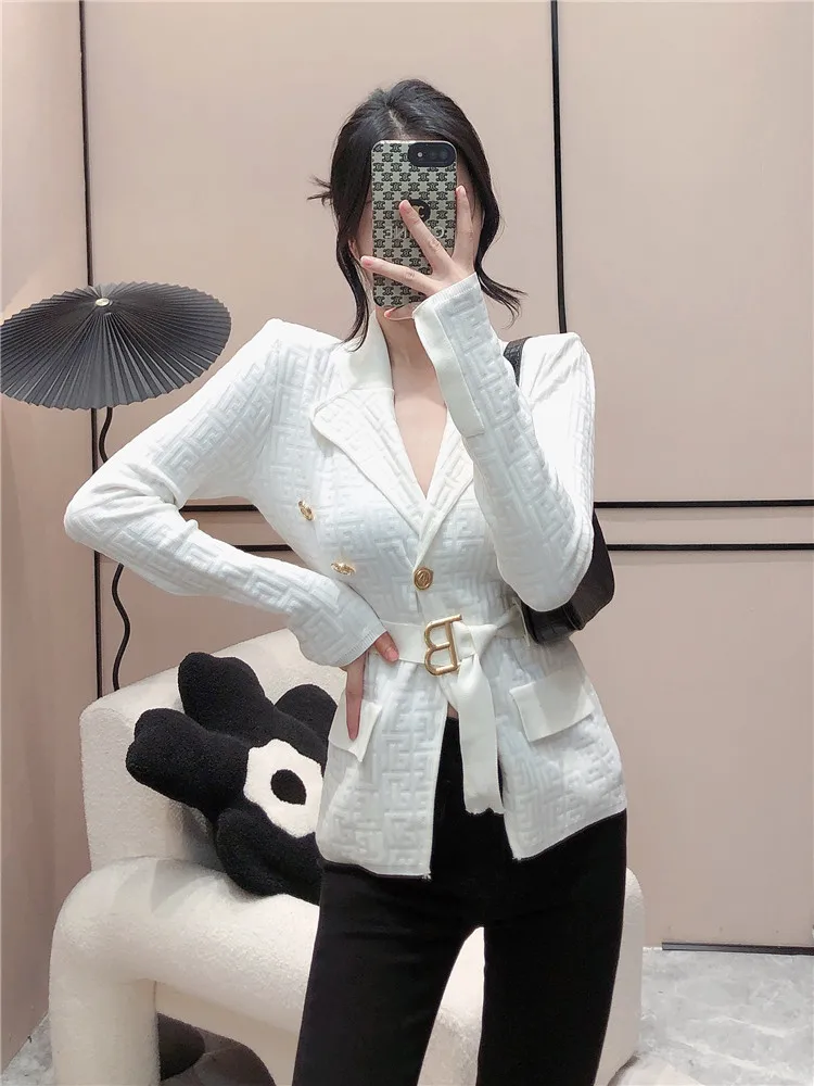 High Quality Women Fashion Autumn Vintage Elegant Temperament Long Sleeve Knitted Cardigan Belt Blazer Jacket Coat