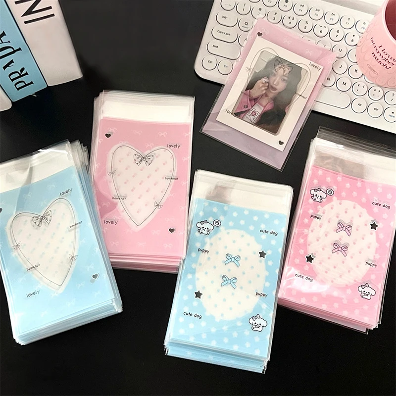 50Pcs Korean INS Ballet Style Blue Pink Bow Transparent Card Opp Bag Kpop Idol 3inch Photocard DIY Decor Packing Display Pocket