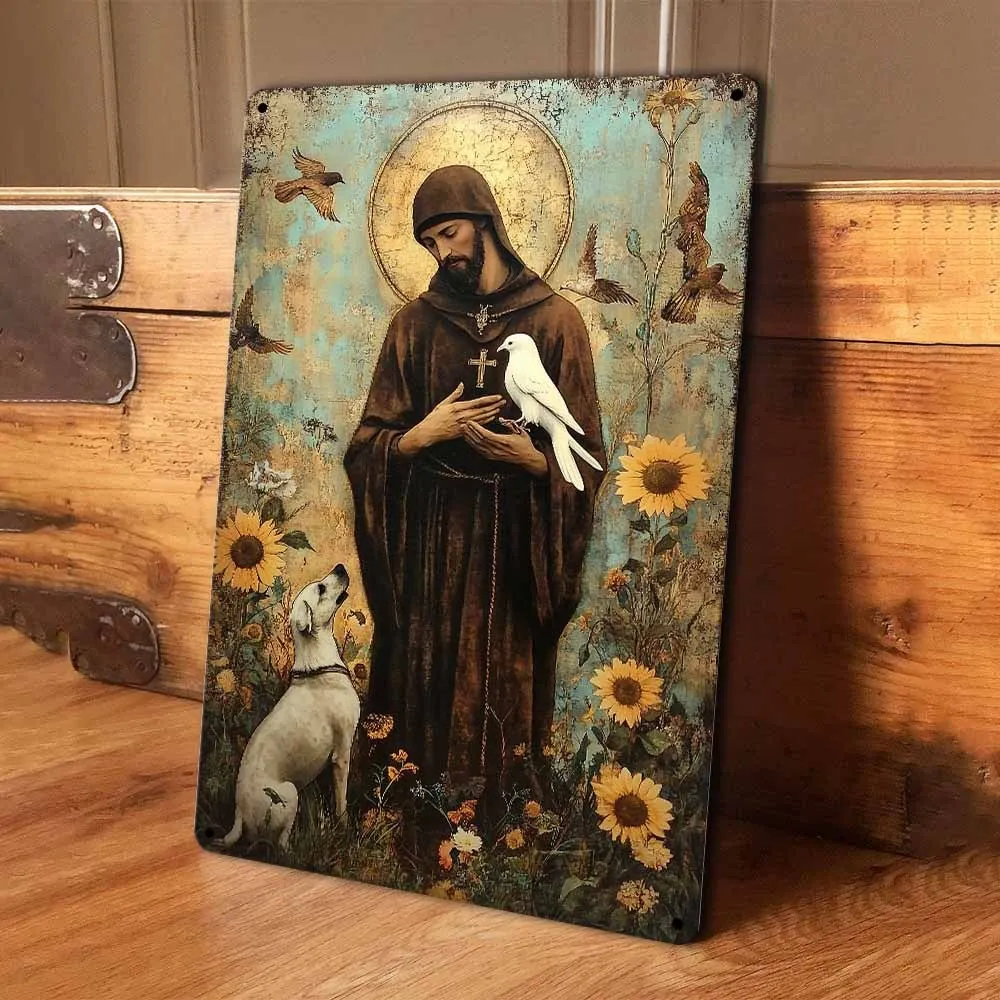 Saint Francis and Animals Metal Wall Sign, Rustic Christian Art Decor, Weatherproof Aluminum Religious Plaque for Home