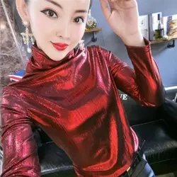 Luxury Long Sleeves Stand Collar Hotsweet Vintage Metallic Slim Tops Streetwear Spring Autumn T-shirt Women Clothing Trend Tees