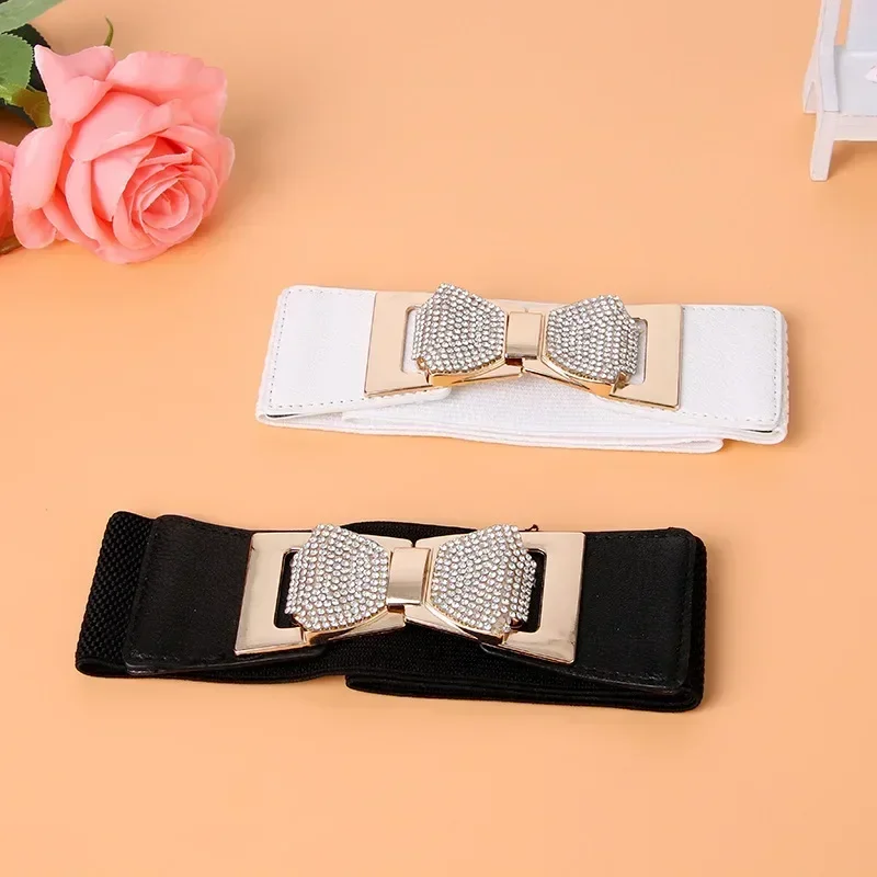 Ladies Elastic Waistband Fashion Wide Girdle Korean Dress Rhinestone Bow Belt Buckle Black Belts for Women Luxury Designer Brand