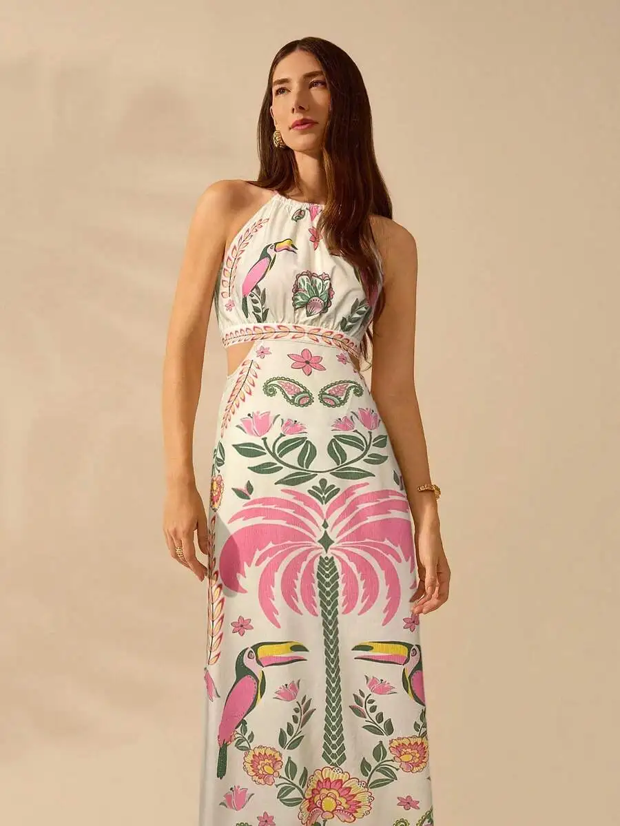 Vestido Largo sin Mangas con Estampado de Palmeras y Tucanes Tropicales Estilo Boho para Mujer, Informal, para Vacaciones, Verano, Playa