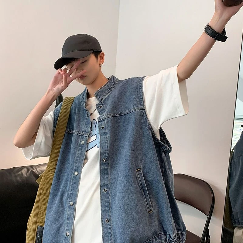 

2025 New Men's Loose Fit Denim Vest Jacket Hong Kong Retro Streetwear Casual Summer Outfit​