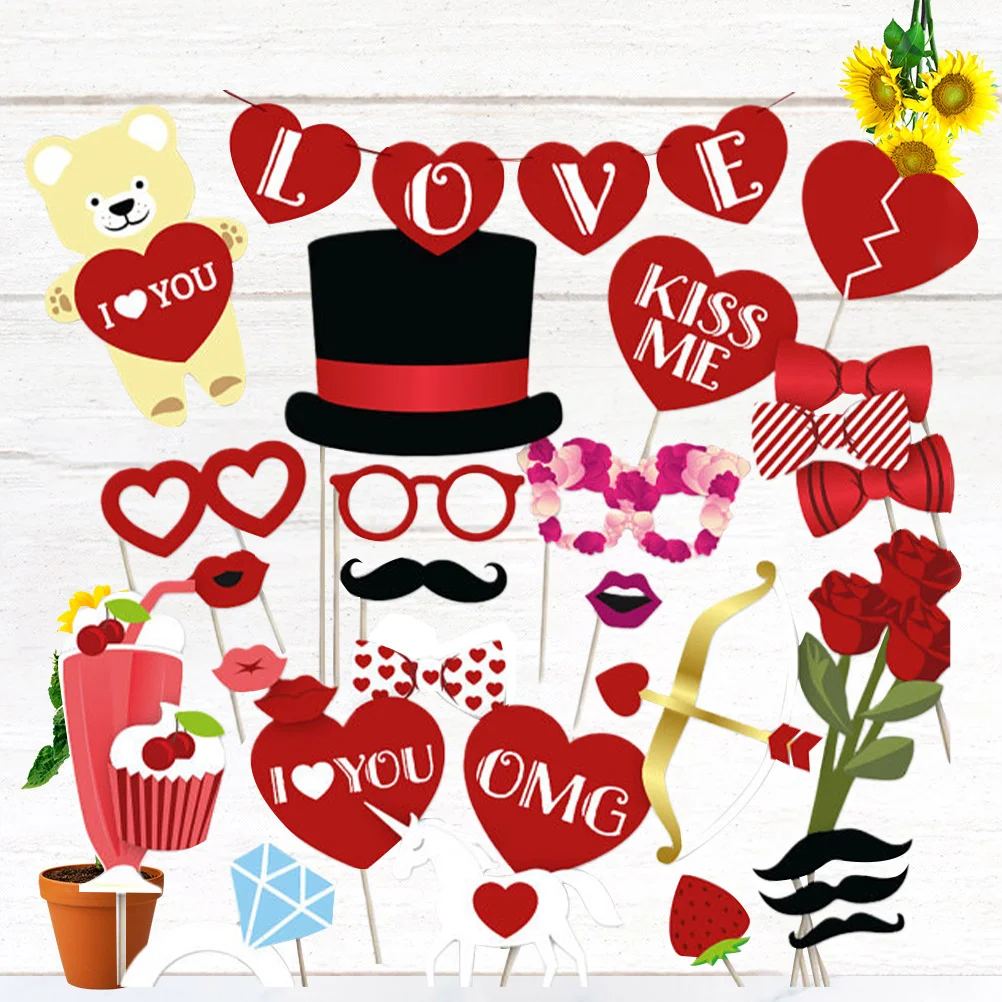 

35Pcs Love Photo Props Colorful Accessories for Wedding Valentine Day Photo Booth Party Fun