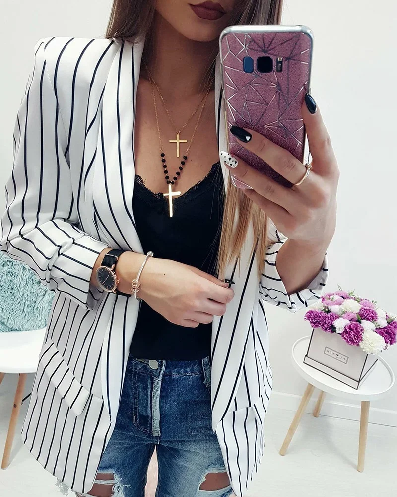 Office Lady 2023 Simple Slim Casual Bussiness Blazer Buttonless Striped Blazer Spring Summer New Fashion Formal Clothes Workwear