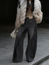 BKQU Spliced Design Jeans Women Hip Hop Baggy Wide Leg Denim Pants Trendy Vintage High Waist Fake Two-piece Jeans Trousers Y2K