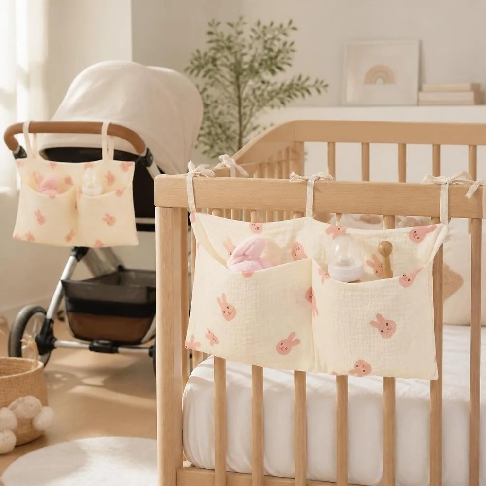 New 2 Pockets Crib Hanging Storage Bag Multi-Function Folding Diaper Storage Bag Lightweight Portable Cot Bed Bag Stroller Use