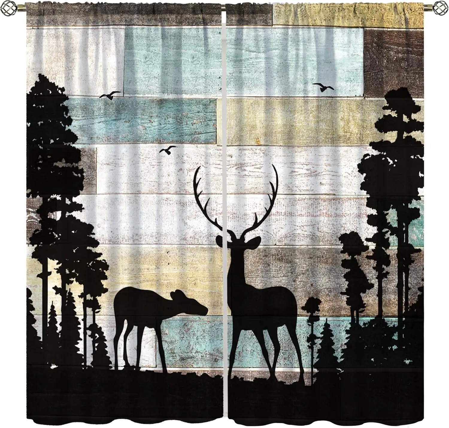 Vintage Deer and Elk Curtains: Rustic Forest Wildlife Hunting Window Drapes for Living Rooms, Bedrooms, and Cottages Boys Girls