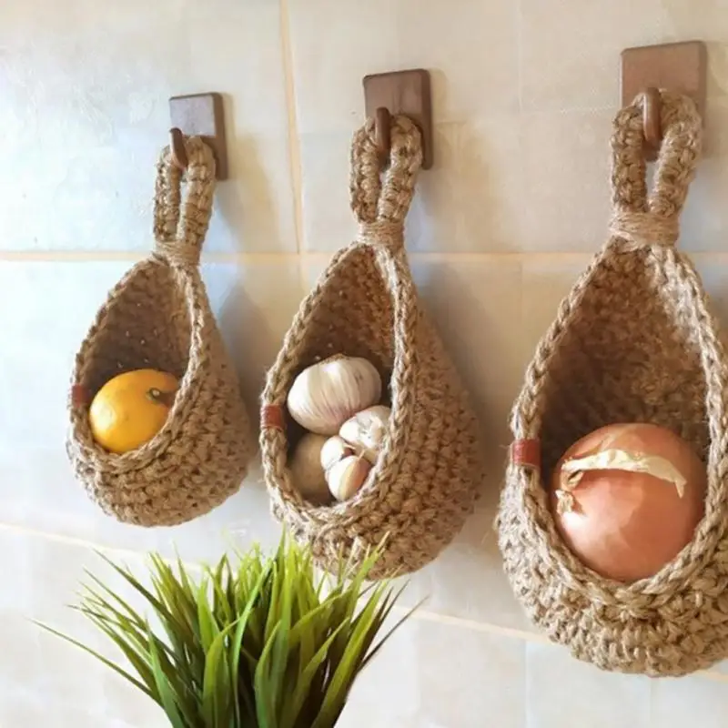 1PC Hand-woven Basket Wall Kitchen Hanging Net Pocket Cotton Rope Water Drop Fruit Vegetable Storage Basket Home Organizer Tools