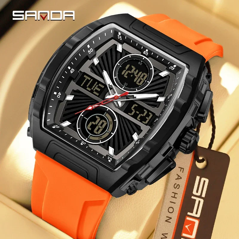 SANDA موضة جديدة الاتجاه ساعات رجالية مقاوم للماء ساعة تنبيه الرجال سيليكون ساعة إلكترونية رقمية متعددة الوظائف ساعة رجالية