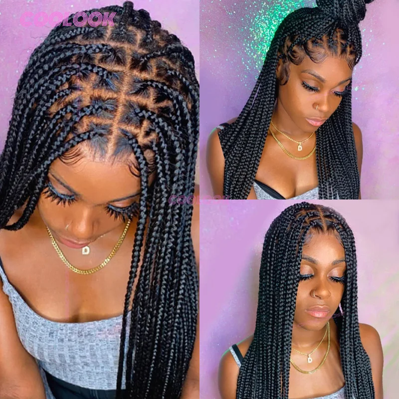 36인치 콘로우 브레이드 가발 합성 풀 레이스 브레이드 가발 여성용 매듭 없는 박스 브레이드 가발 아프리카 브레이드 가발