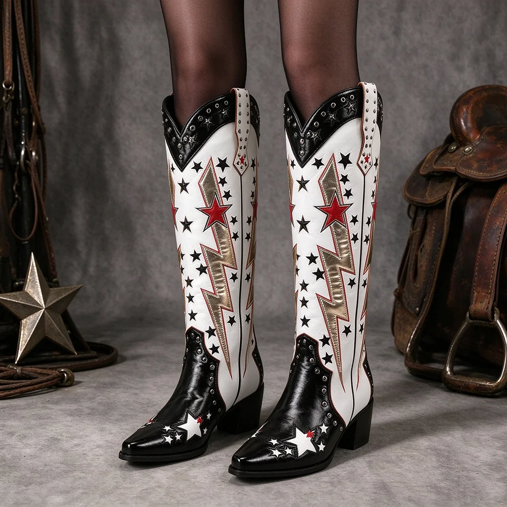 Women Star Lightning Pattern Western Cowboy Boots Pointed Toe Block Heel Color Patchwork Rivet Decor Knee High Tall Boots
