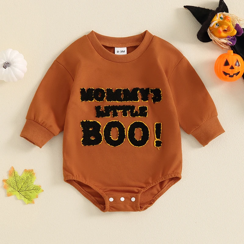 

2024-05-14 Lioraitiin Baby Boys Girls Halloween Romper Long Sleeve Letter Embroidery Bodysuit Newborn Sweatshirt Fall Clothes