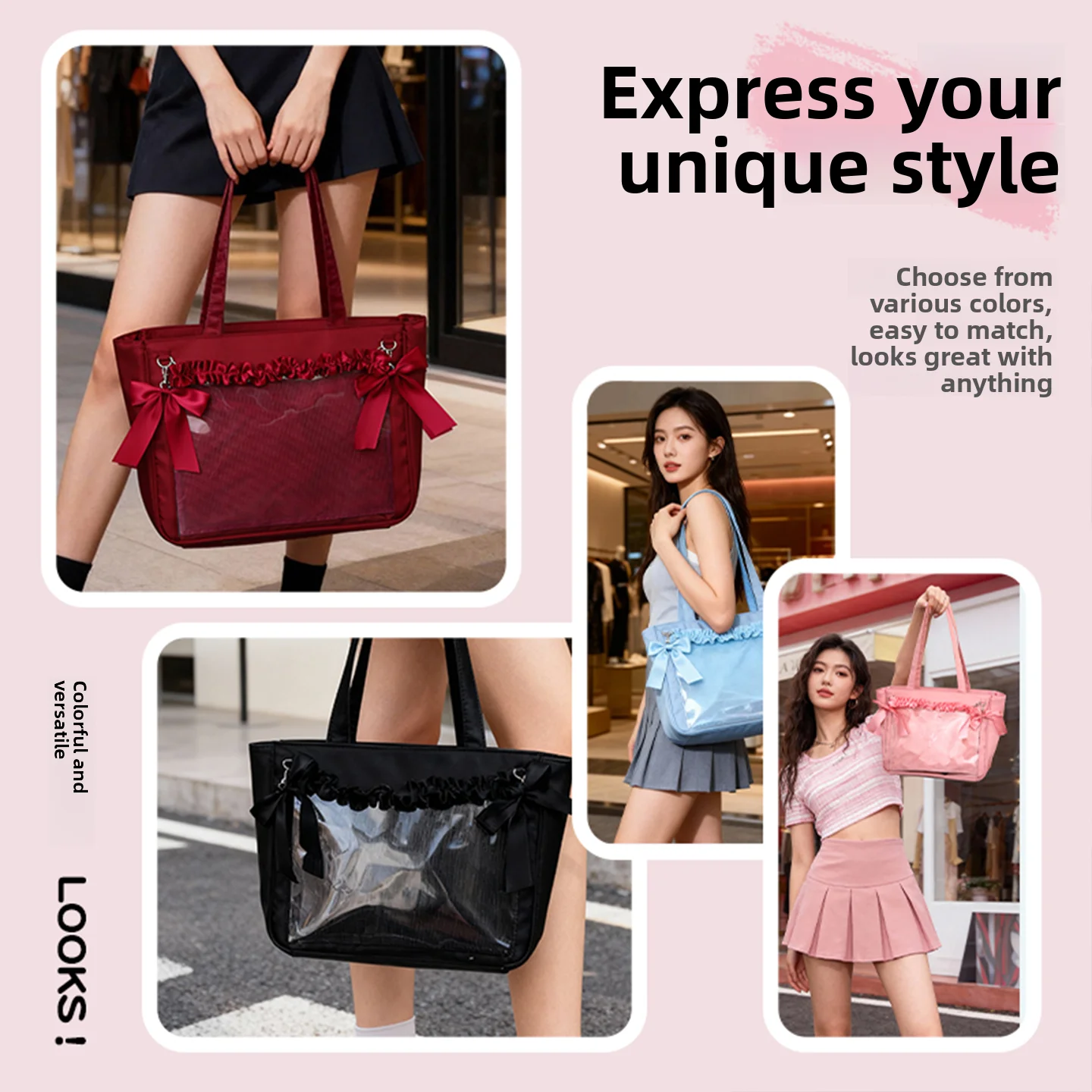 

Вместительная женская сумка-тоут через плечо с бантом, прозрачная, в японском стиле, для значков, повседневная