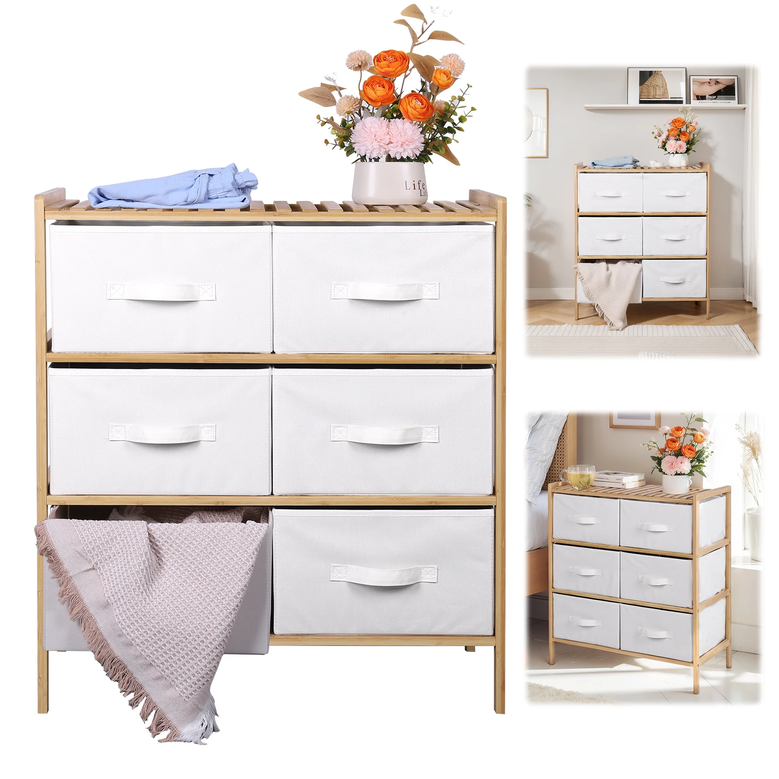 

Quilt Storage Shelf Pull Out Wooden Shelf Furniture with 6 Baskets Sundries Organizer Shelf Multifunctional for Home Storage