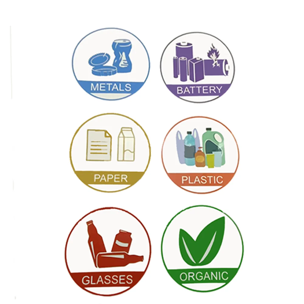 معدن البلاستيك الزجاج العضوية إعادة تدوير مكتب سلة المهملات ، ورقة تسمية القمامة ، ملصقا فرز النفايات ، 6 قطعة ، 4" #3