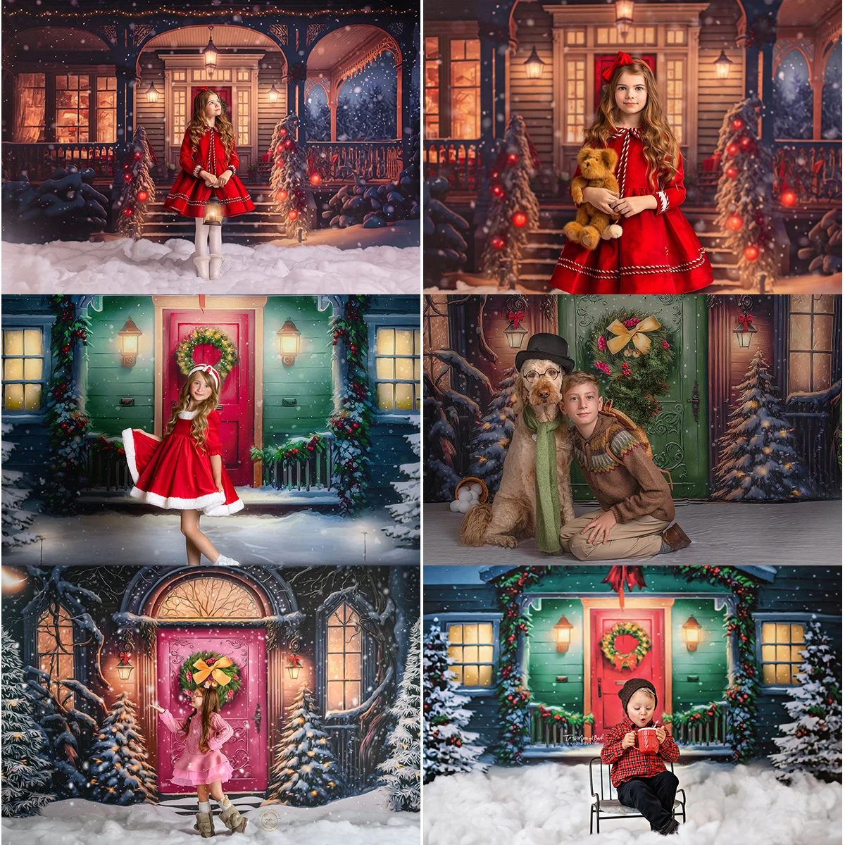 Christmas House Photo Background Winter Snow Photography Red and Green Porch Backdrop Kids Family Portrait Photo Studio Props