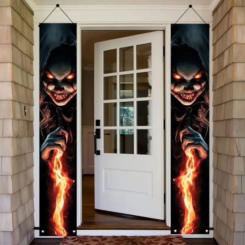 VIKAMA Halloween Porch Banner Terrifying and Evil Clown Door Hanging Front Yard Entrance Door Halloween Party Decor