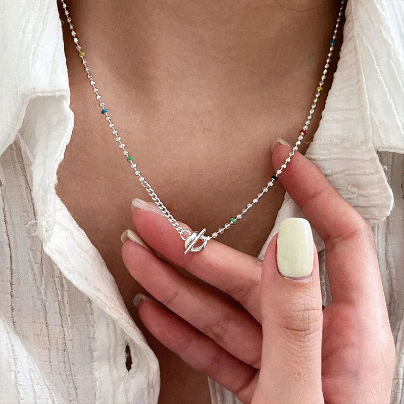 Rainbow Beans OT Buckle Necklace Women's 925 Sterling Silver Summer Collarbone Chain Light Luxury Fashion Jewelry