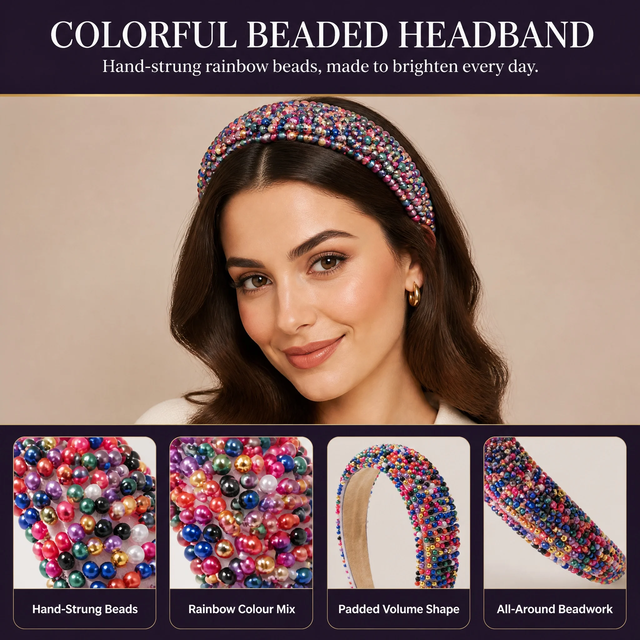 Multicolor Beaded Headband Women Rainbow Crystal Pearl Hair Band Boho Wide Hoop Handmade Accessories Festival Party Jewelry Gift
