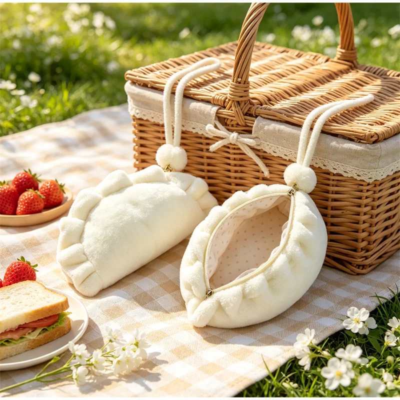 Simulated Dumpling Plush Coin Purse Cute Food Shaped Handbag Autumn Winter Bag Pendant Portable Data Cable Headphone Storage Bag