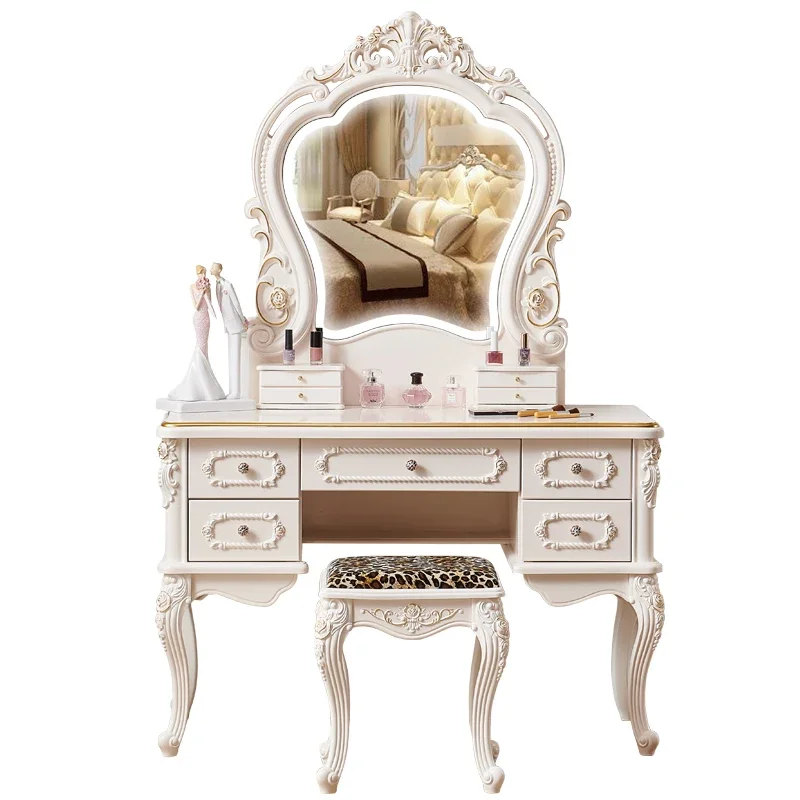 Mesa de tocador blanca Vintage, mueble de dormitorio con espejo Premium, almacenamiento de Maquillaje, silla de lujo, Vanitys Para Maquillaje