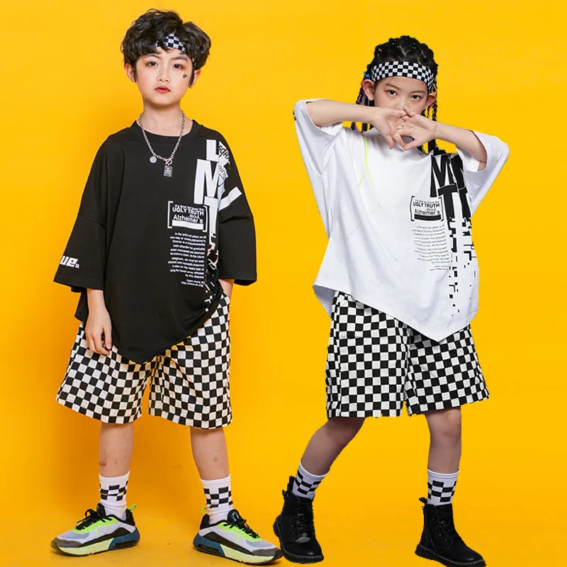 Pantalones cortos a cuadros para niña y niño, traje de baile, ropa de Hip Hop, camiseta estampada, Camiseta larga de gran tamaño