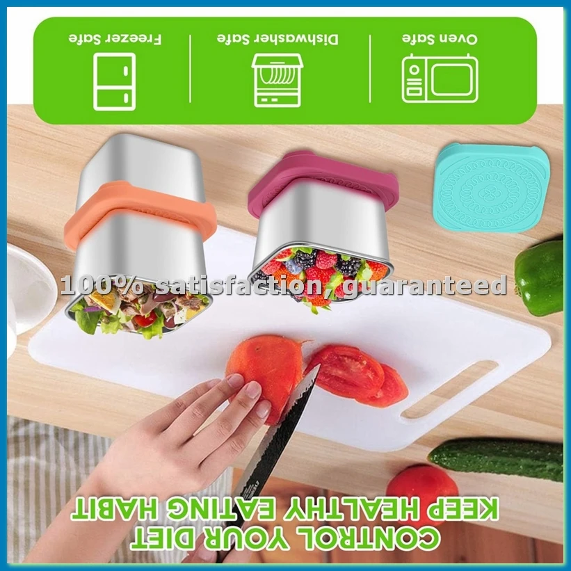 

Контейнеры для закусок из нержавеющей стали на 6 унций, маленькие металлические контейнеры для хранения продуктов с силиконовыми крышками, для офиса, путешествий - A79M