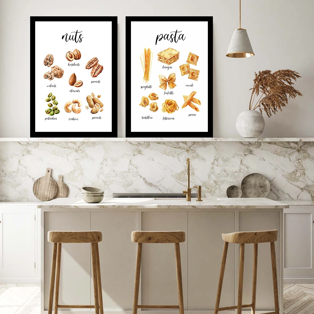 الفاكهة الخضروات الخبز الجبن المعكرونة المكسرات قماش اللوحة المائية الغذاء المشارك طباعة صورة جدار ديكور المطبخ ديكور المنزل