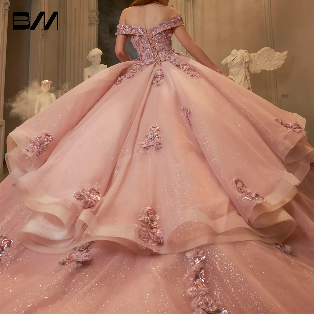 Vestidos Quinceanera rosa empoeirada para mulheres, mangas sem ombro, apliques de renda, Sweet 15 16 Vestidos, Vestido de festa formal para adolescentes