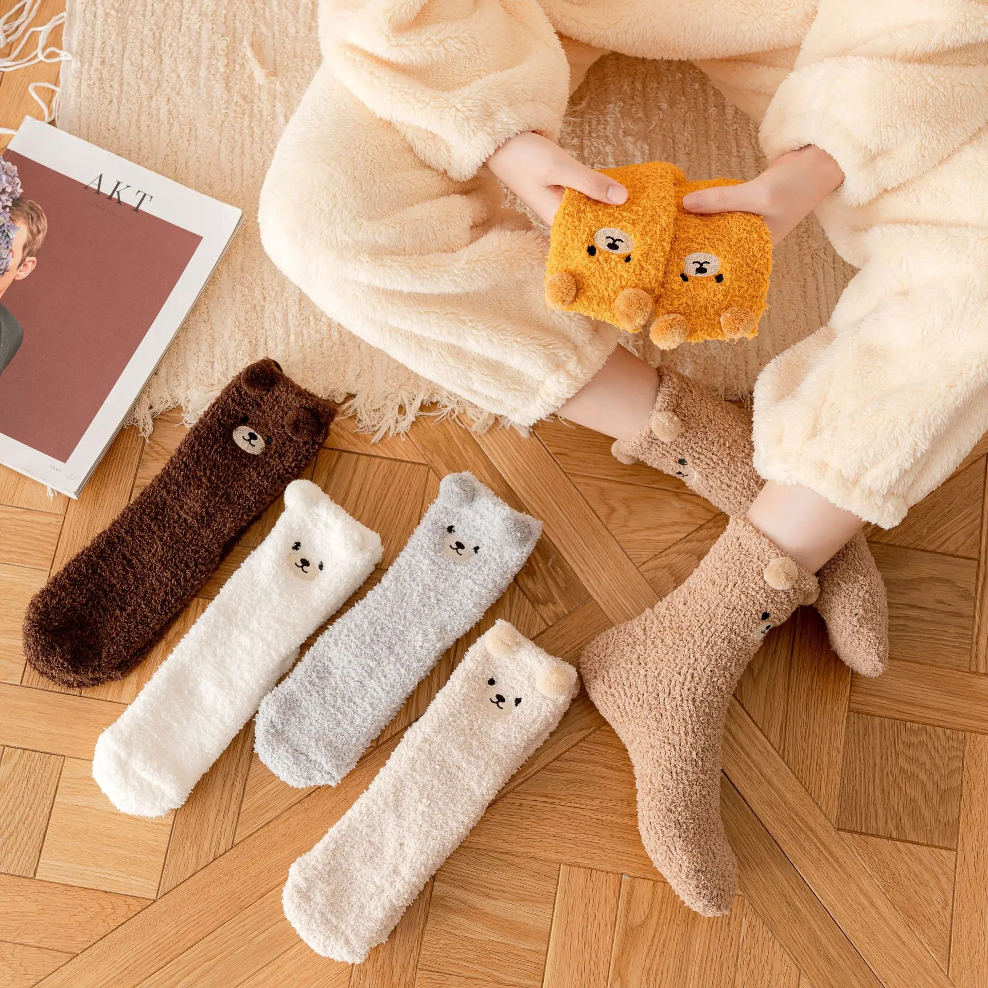 3 Pairs Plush Coral Fleece Women Winter Socks Female Socks Autumn Winter Cat Claws Cute Thick Warm Sleeping Socks