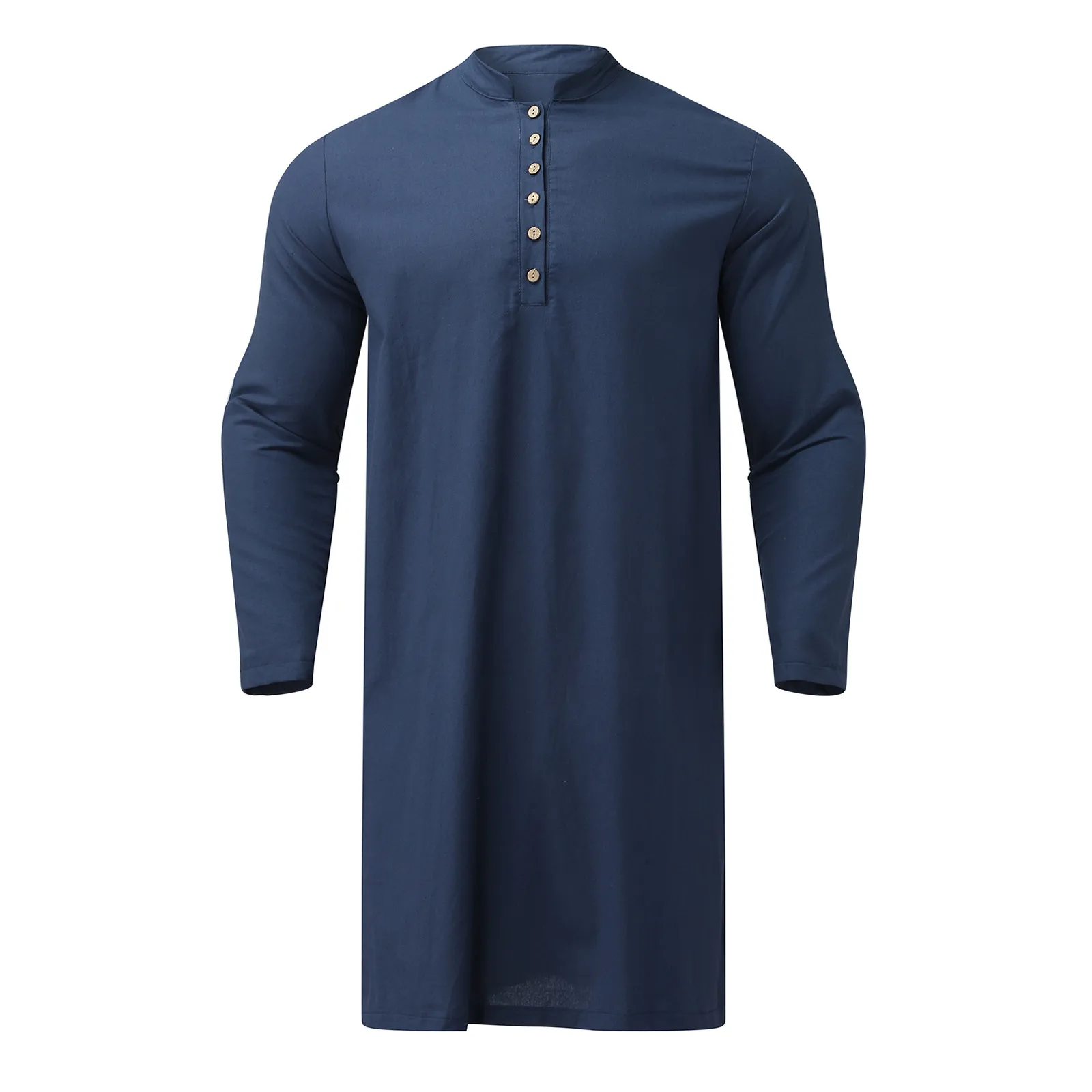 Men's Casual Muslim Robe Solid Color Stand Neck Long Sleeve Button Jubba Thobe Islamic Arabic Pakistani Indian Loose Male Robe