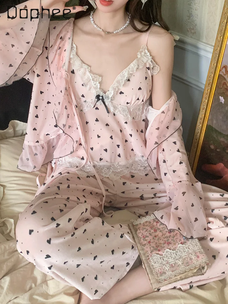 Velvet Pink Pajamas Three Piece Set with Chest Pads Sexy Lace Patchwork Camisole Long Sleeve Cardigan Heart Print Autumn