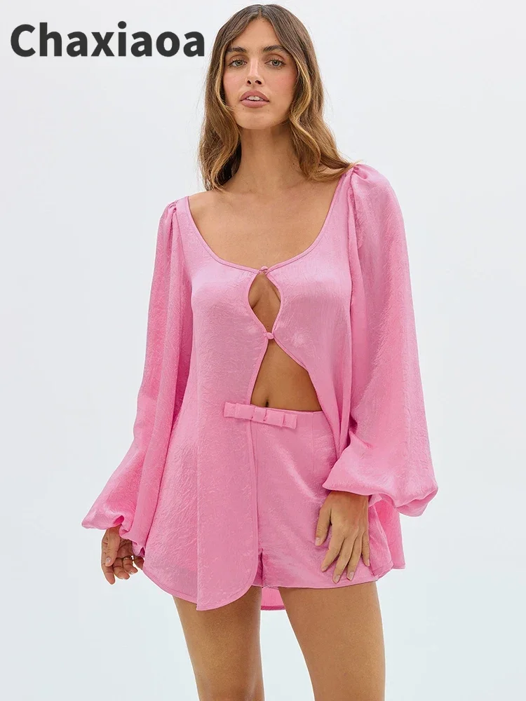 

Chaxiaoa модный комплект из двух предметов, женская блузка с длинным рукавом и шорты, одинаковые комплекты, женские элегантные свободные повседневные короткие комплекты, женские