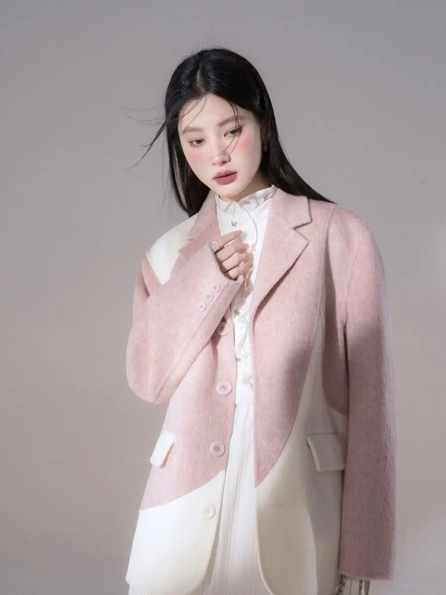 

French Style Pink Blush Wool Blazer Women Winter Minimalist Tweed Coat Office Chic