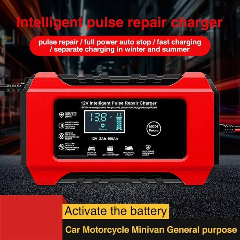 ABGI Automatic Car Battery 12V 6A, Pulse Repair Fast Charge for Wet Lead Acid for AGM GEL, Digital LCD Display with EU Plug,