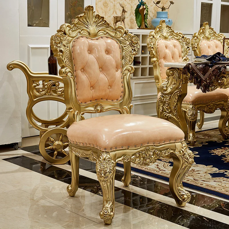 

European dining chair American high-end luxury gold solid wood carving flower first layer leather with armrest back